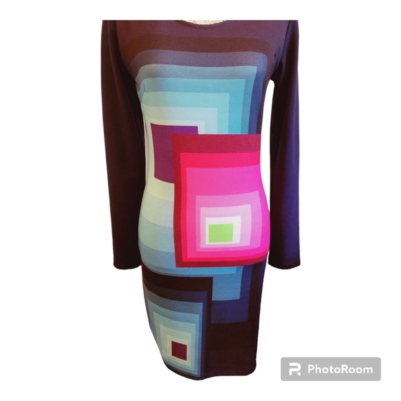 NWOT Desigual Ymanga Knit Dress Geometric Square Multi Color Navy 🔵 Bodycon. - Picture 3 of 10